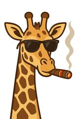 A giraffe sporting stylish sunglasses smokes a Cuban cigar like a boss