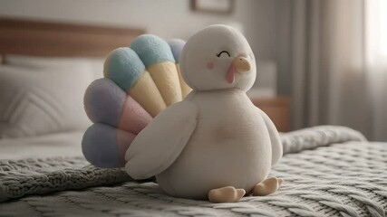 Cute turkey plush sitting on bed, cozy Thanksgiving holiday, kids' toy, soft home decor, festive season, autumnal vibes, gift idea, cheerful, heartwarming moment.
