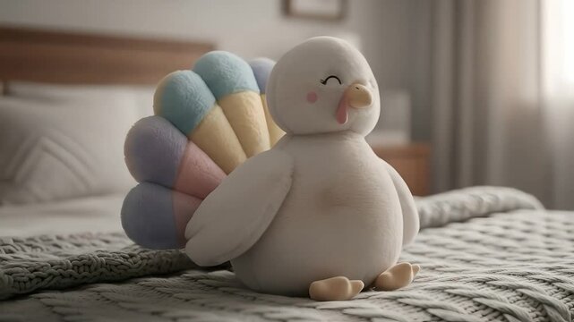 Cute turkey plush sitting on bed, cozy Thanksgiving holiday, kids' toy, soft home decor, festive season, autumnal vibes, gift idea, cheerful, heartwarming moment.