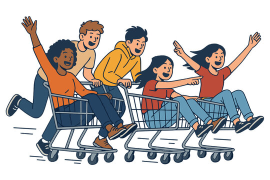 Young friends are having fun on shopping trolleys while diverse youths race in slow motion