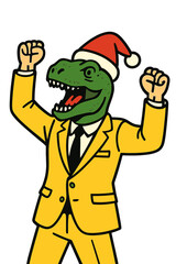 Naklejka premium A humorous victor in a yellow suit, dinosaur mask, and Christmas hat stands alone on a turquoise backdrop, celebrating his triumph in a festive contest while raising his fists