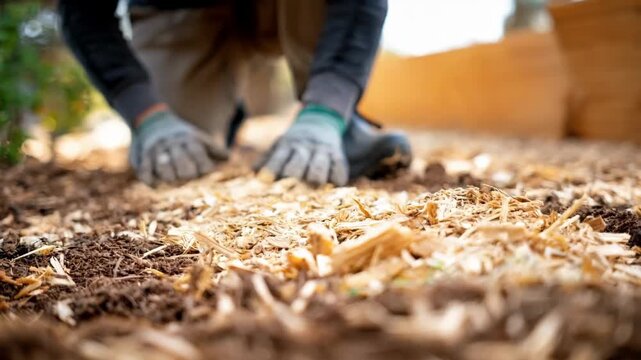 Gardener layering straw and wood chips in a compost bin to accelerate decomposition and produce healthy growing soil