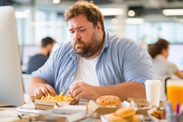 Bored overweight man eating fast food in office setting