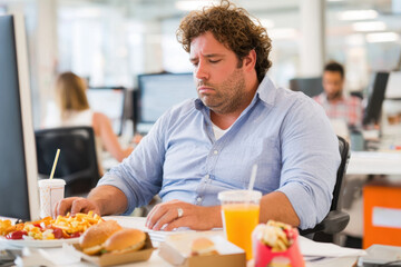 Bored overweight man eating fast food in office setting