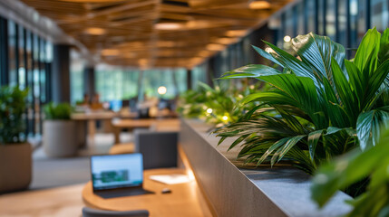 Coworking space with biophilic design elements natural materials integration green plants throughout modern workspace aesthetic defocused background contemporary office
