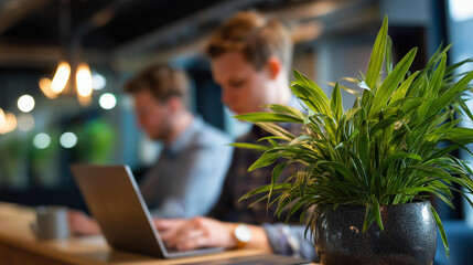 Busy day in coworking space faceless professionals working defocused background activity modern shared workspace contemporary office environment productive atmosphere