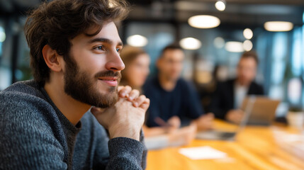 Group of creative faceless managers working together modern coworking studio young people in conversation startup team meeting wooden table gathering defocused background con