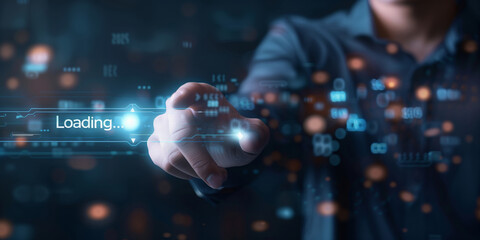 Close-up of a human hand interacting with a digital interface showing a loading bar and the year 2026.