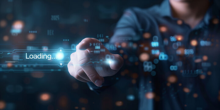 Close-up of a human hand interacting with a digital interface showing a loading bar and the year 2026.