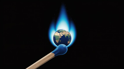 Earth ablaze on a match head represents climate change urgency and environmental crisis, calling for global action and sustainable solutions now