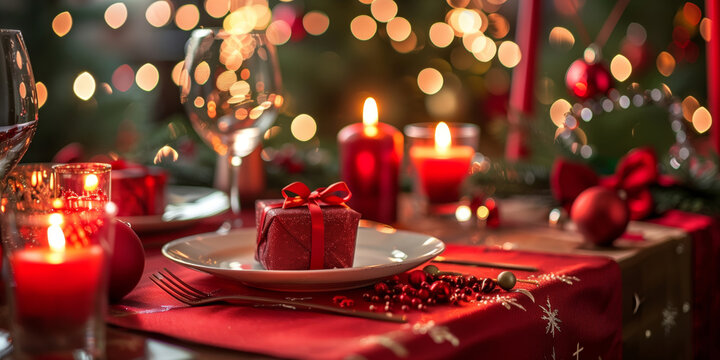 Beautifully decorated holiday table with red accents, featuring a small gift box on a plate, red wine glasses, and glowing candles. Warm and festive Christmas dinner ambiance.