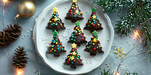 Festive chocolate cookies in the shape of Christmas trees, decorated with colorful stars and sprinkles, arranged on a white plate surrounded by pine branches, ornaments, and lights.