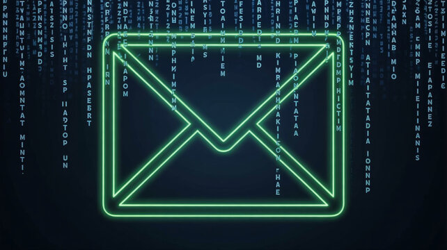 Secure digital communication with a vibrant neon email icon against a matrix-style data stream for modern tech and cybersecurity solutions - Powered by Adobe
