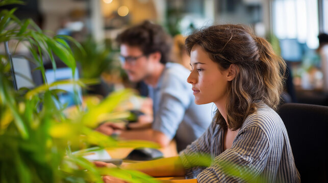 Faceless business people working at shared coworking space modern office environment defocused elements professional collaboration contemporary workspace design productive