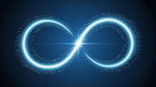 Eternal flow of stunning light particles forming infinity symbol against modern dark blue backdrop, perfect for technology and innovation concepts