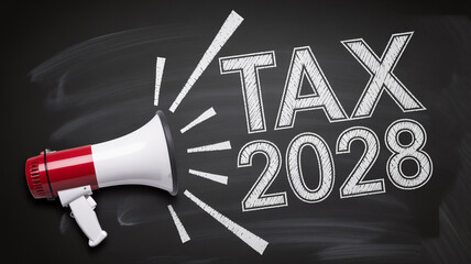 Loud announcement for Tax 2028 filing deadline with a megaphone on a chalkboard background reminding everyone to get organized now, finance and accounting