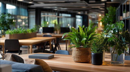 Coworking space with biophilic design elements natural materials integration green plants throughout modern workspace aesthetic defocused background contemporary office