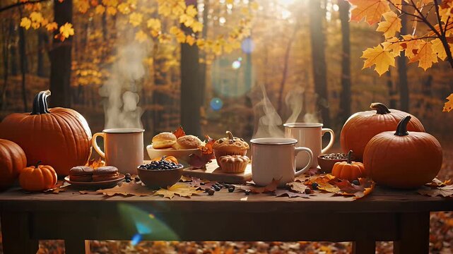 Sunlit Rustic Autumn Outdoor Table Setting with Pumpkins, Pies, and Cozy Atmosphere