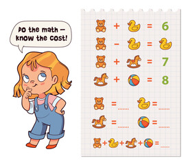 Cute educational math game for children. Solve equations with teddy bear, duck, horse and ball. Fun activity for preschool and elementary school kids.