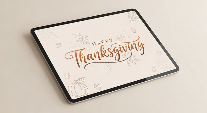 Thanksgiving Greetings on Tablet: A close-up view of a sleek tablet displays a warm and inviting Happy Thanksgiving message.