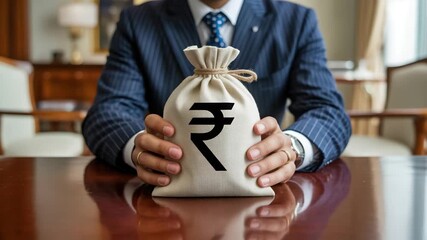 Wealthy businessman protecting bag of Indian Rupees on polished table, promising financial security and investment opportunities in India - Powered by Adobe