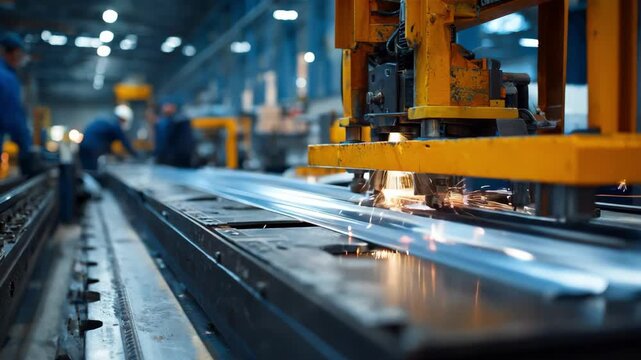 Closeup medium shot of workers managing the extrusion press as heated aluminum is shaped into custom profiles on the factory floor.