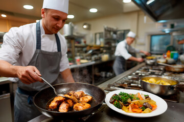 Chef cooking salmon in professional restaurant kitchen