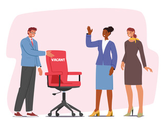 Employer offering vacant workplace and probation period for women job seekers cartoon scene