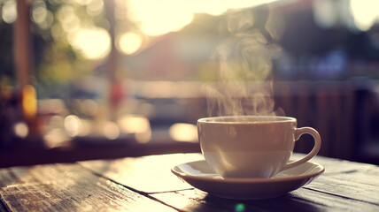 Warm steam rises from a cozy coffee cup on a rustic wooden table, bathed in soft morning sunlight, perfect for cafe ambiance.