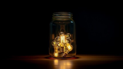 Illuminating idea light bulbs captured within a glass jar on dark background