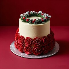 Festive christmas cake with red roses and holly wreath