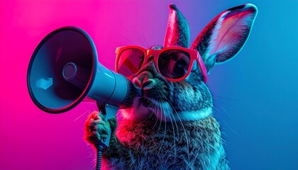 Bunny Rabbit Character with Megaphone Announcing Sales, Promotions, or Important Notices