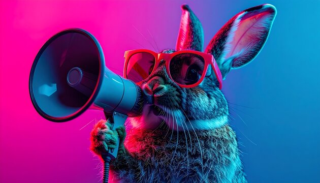 Bunny Rabbit Character with Megaphone Announcing Sales, Promotions, or Important Notices