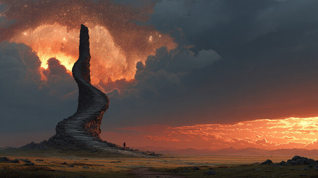 A spiral tower ascending into the starry sky, evoking futuristic architecture, cosmic exploration, and a sense of infinite vertical scale.