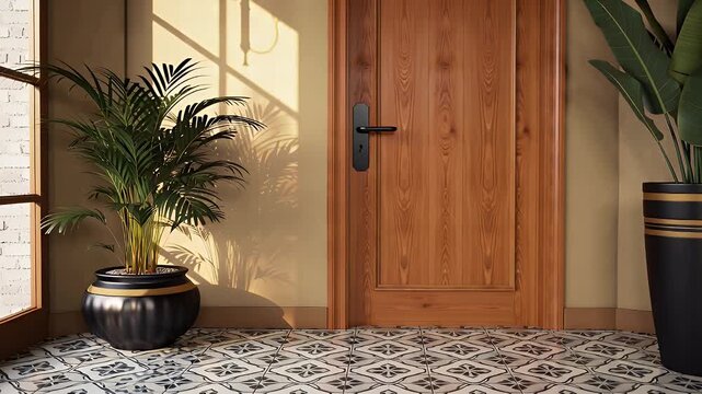 Sunlit Wooden Front Door Framed by Lush Indoor Plants in Patterned Tile Hallway