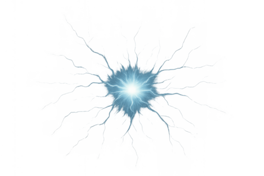 Blue electric discharge or plasma explosion with light spark and energy burst on transparent background