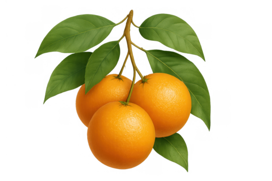 Oranges growing on a branch with green leaves, fresh citrus fruits rich in vitamin c, healthy eating concept
