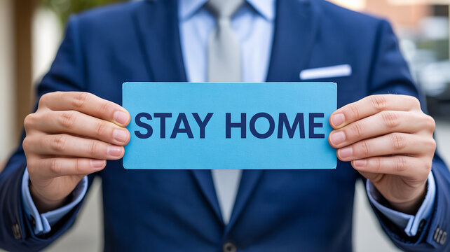 Confident businessman in suit professionally holding up a blue card with 'STAY HOME' message, conveying important public health guidance and safety awareness. - Powered by Adobe
