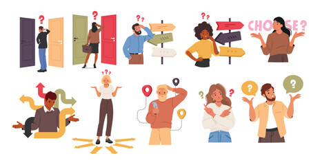 People cartoon characters looking confused or perplexed about choice or decision isolated set