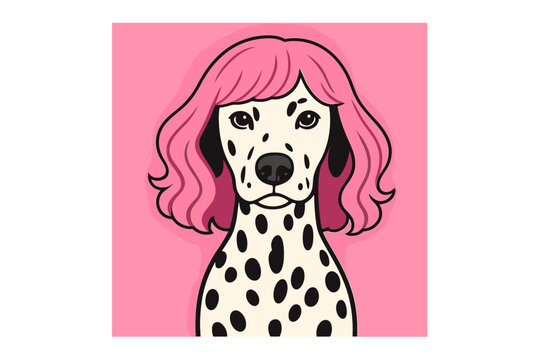 Portrait of a Dalmatian female dog wearing a pink wig set against a pink backdrop, exuding trendy party diva vibes