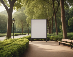 Natural public park setting with pathside canvas mockup for art displays or advertising visualization projects creating greenery enhanced visual appeal with walking path elements