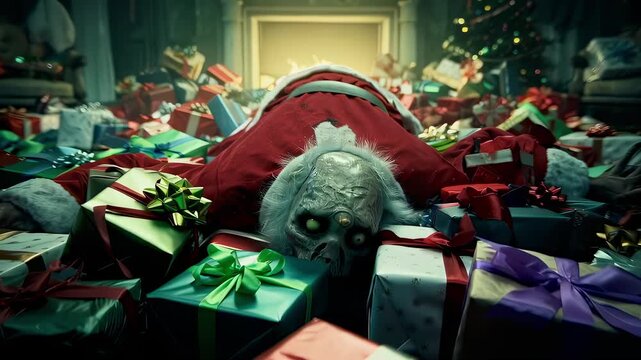 This chilling video presents a surreal scene of a Santa Claus figure lying among a sea of colorful Christmas presents, evoking a dark twist on holiday cheer. A haunting atmosphere fills the room.