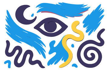 An abstract paper cut design on a pink background incorporates nightcore-inspired brushstroke abstractions, curvilinear shapes, and absurd elements