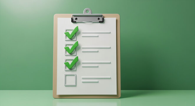 A high-quality 3D render of a wooden clipboard with a piece of white paper attached, set against a solid, matte background that is a shade of muted green, possibly sage or mint.