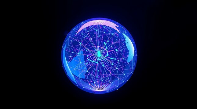 A glowing blue sphere with intricate patterns against a black background - Powered by Adobe
