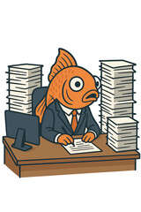 A goldfish wearing a suit sits at an office desk surrounded by a pile of paperwork