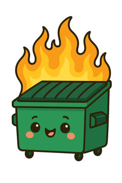 Cute-faced flaming dumpster on fire, a silly ironic illustration of a fiasco