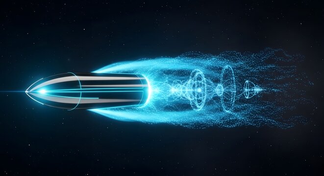 Futuristic spaceship traveling at warp speed through a vibrant, starry galaxy, digital illustration