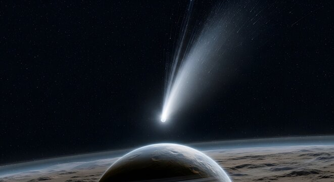 Dramatic comet streaking past a desolate planet in deep space, cosmic event, astronomy illustration