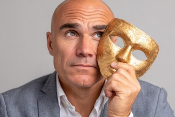 Man holding theatrical mask in contemplation